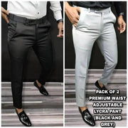 Premium Waist Adjustable Lycra Men's Trouser (Pack of 2)Product Name: Premium Waist Adjustable Lycra Men's Trouser (Pack of 2) Package Contains: It has 2 Trouser Fabric: Lycra Color: Black &amp; white Pattern: Solid OccasSupreme Comfort Lycra Stride TrousersFakirakartPremium Waist Adjustable Lycra Men'