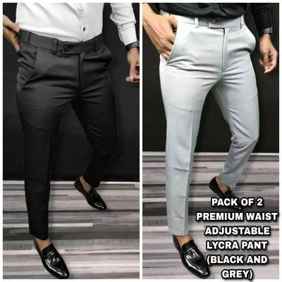 Premium Waist Adjustable Lycra Men's Trouser (Pack of 2)Product Name: Premium Waist Adjustable Lycra Men's Trouser (Pack of 2) Package Contains: It has 2 Trouser Fabric: Lycra Color: Black &amp; white Pattern: Solid OccasSupreme Comfort Lycra Stride TrousersFakirakartPremium Waist Adjustable Lycra Men'