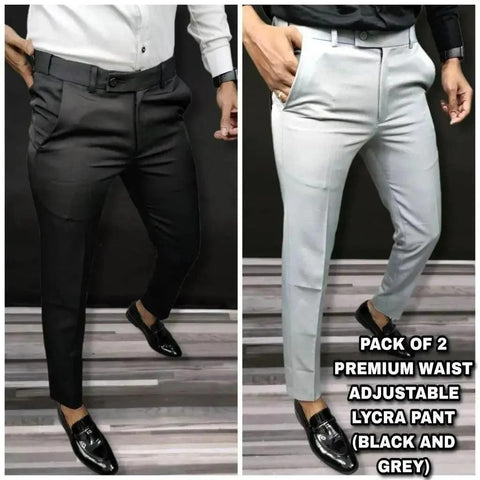 Premium Waist Adjustable Lycra Men's Trouser (Pack of 2)Product Name: Premium Waist Adjustable Lycra Men's Trouser (Pack of 2) Package Contains: It has 2 Trouser Fabric: Lycra Color: Black &amp; white Pattern: Solid OccasSupreme Comfort Lycra Stride TrousersFakirakartPremium Waist Adjustable Lycra Men'