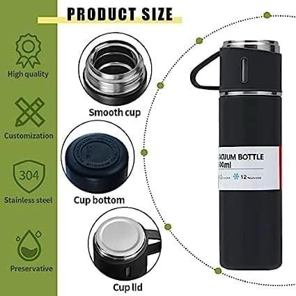 Stainless Steel Vacuum Flask Travel Water BottleProduct Description: 500ML Double Wall Stainless Steel Thermo Vacuum Insulated Bottle Water Flask Gift Set with Two Cups Hot &amp; Cold (Assorted Color) Package ContFakirakartStainless Steel Vacuum Flask Travel Water Bottle