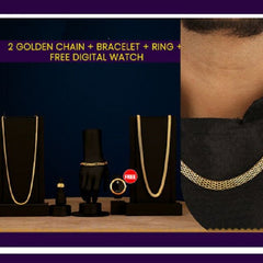 Golden Chain With Bracelet + Ring + Digital Watch Combo