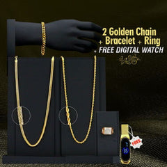 Fidato Pack Of 2 Golden Chain With Golden Bracelet And Diamond Ring + Free Digital Watch Combo